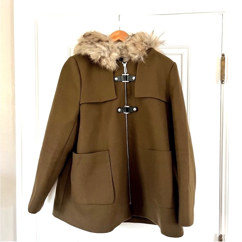 Zara | Army Olive Green Faux Fur Hooded Winter Wool Army-Style Coat Jacket (XL)